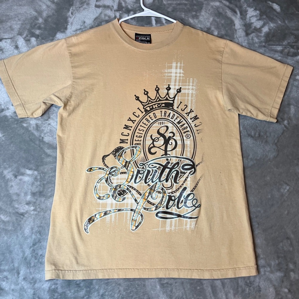 Vintage y2k South Pole Graphic T Shirt Crown Logo Beige Youth L 16 18